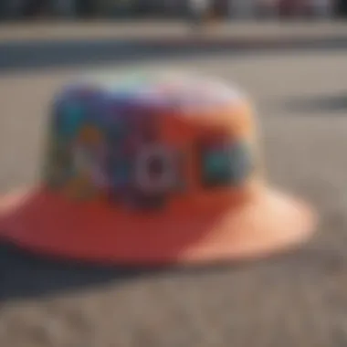 A close-up of a colorful bucket hat with embroidered designs