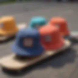 A vibrant array of color bucket hats displayed on a skateboard