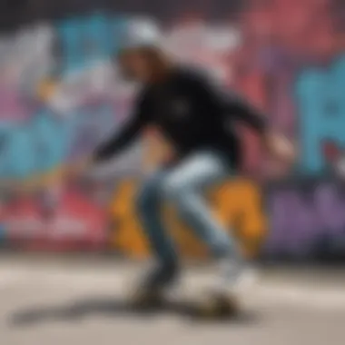 Skateboarder in a Graffiti-Laden Environment A skateboarder wearing a stylish bucket hat with graffiti art in the background