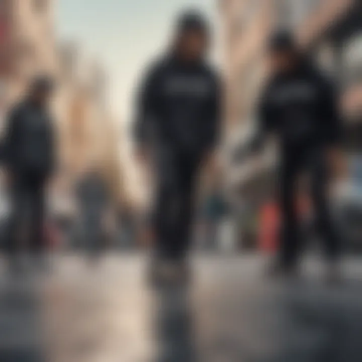 Group of skaters in a street setting, all wearing black Chuck Taylors