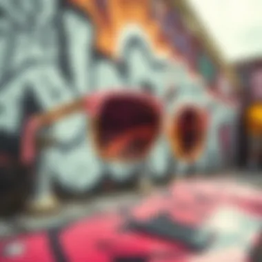 Urban Artistry and Sunglasses Fusion Artistic display of pink and gold sunglasses against urban graffiti