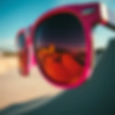 Reflection of Skate Culture in Sunglasses Close-up of pink and gold sunglasses with reflection of a skate park