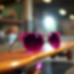 Stylish pink and gold sunglasses resting on a skateboard