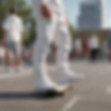 Urban skate park scene featuring skaters in white Adidas sweats