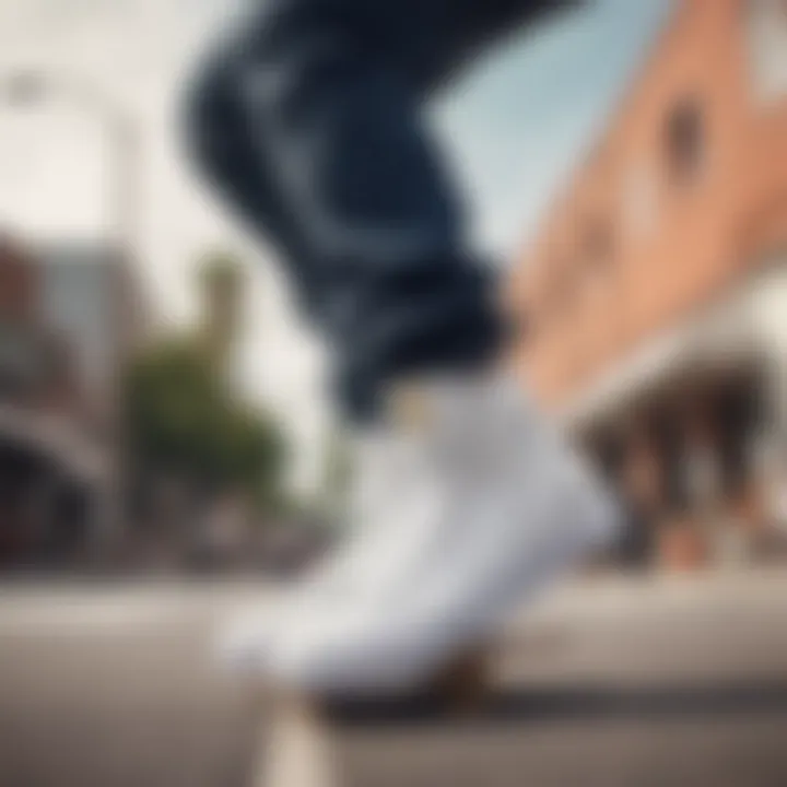 Skateboarder wearing white Nike high tops performing a trick