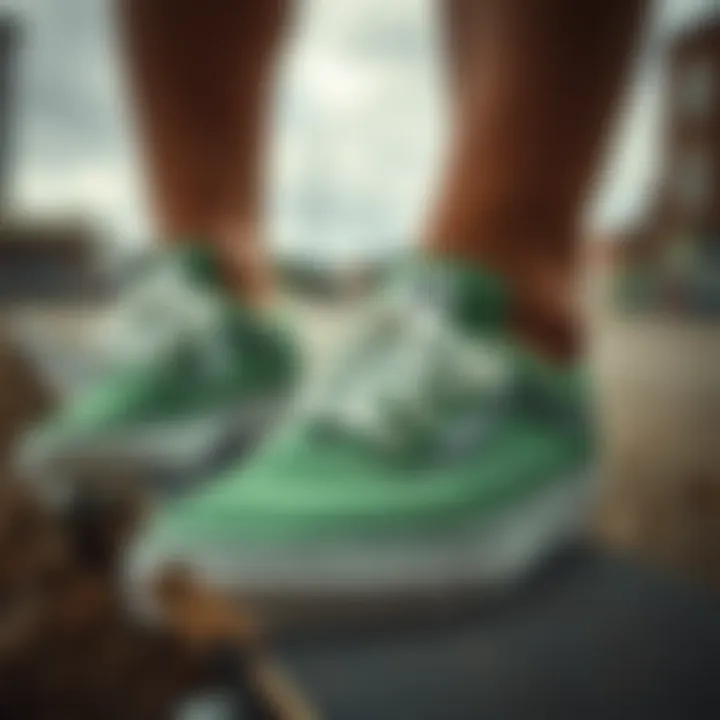 Close-up of the unique design features of green Vans