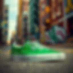 Stylish green Vans against a vibrant urban backdrop