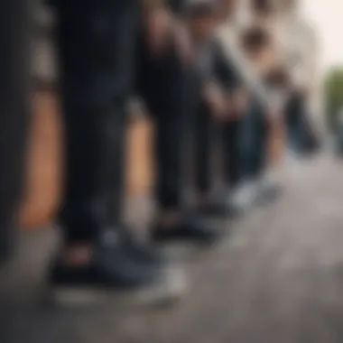 A group of friends wearing black Adidas sneakers.