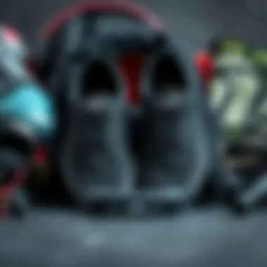 Black camouflage Vans surrounded by skateboarding gear