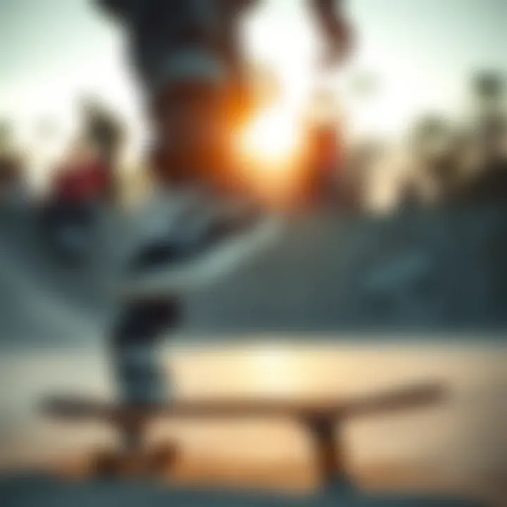 Skateboarder wearing black camouflage Vans at a skate park