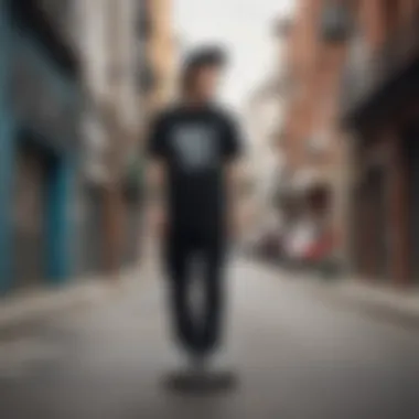 Skateboarder wearing a black graphic t-shirt in urban setting