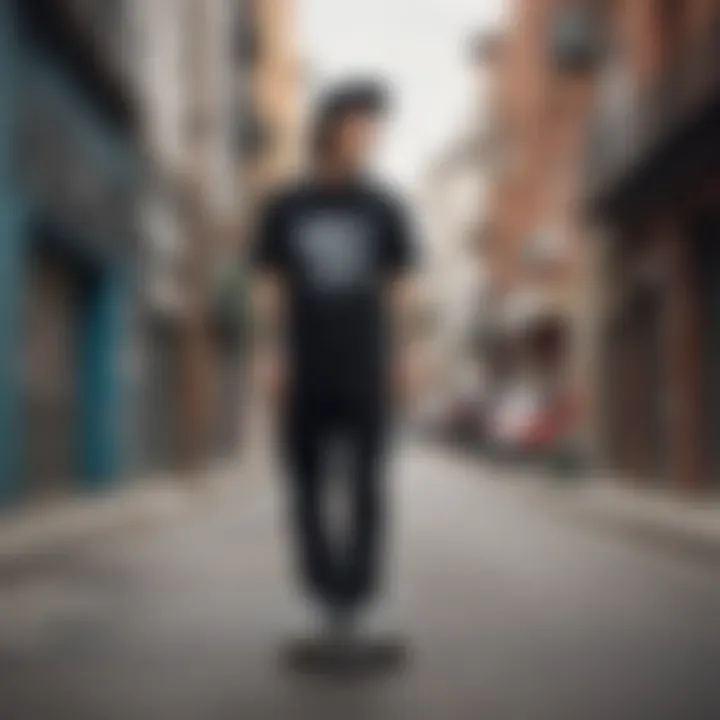 Skateboarder wearing a black graphic t-shirt in urban setting