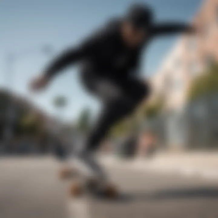 Skater performing a trick while wearing black hightop Vans.