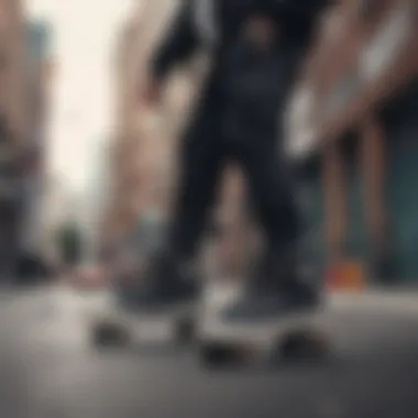 Stylish outfit incorporating black hightop Vans in urban setting.