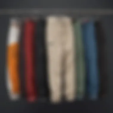 A selection of loose fit skate pants in various colors and styles displayed on a rack