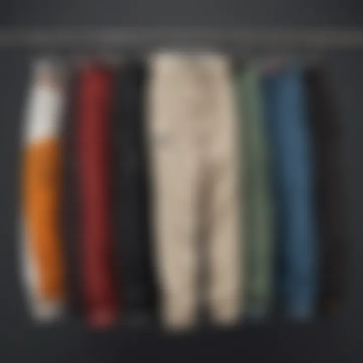 A selection of loose fit skate pants in various colors and styles displayed on a rack