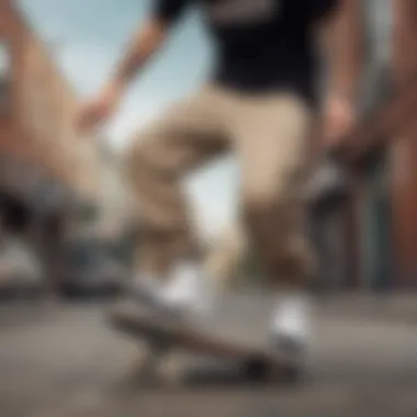 Skater performing tricks while wearing loose fit skate pants in an urban setting