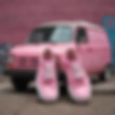 Artistic representation of pink Vans against a graffiti background