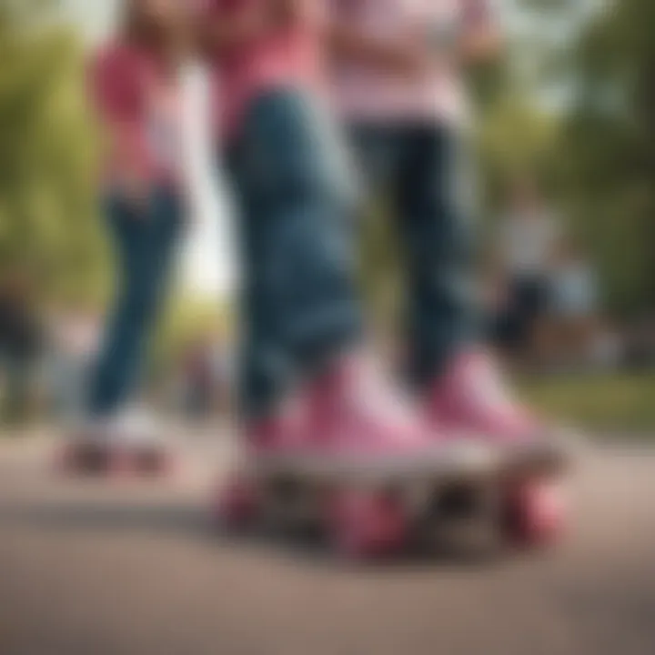 Group of skateboarders showcasing their pink Vans in a park