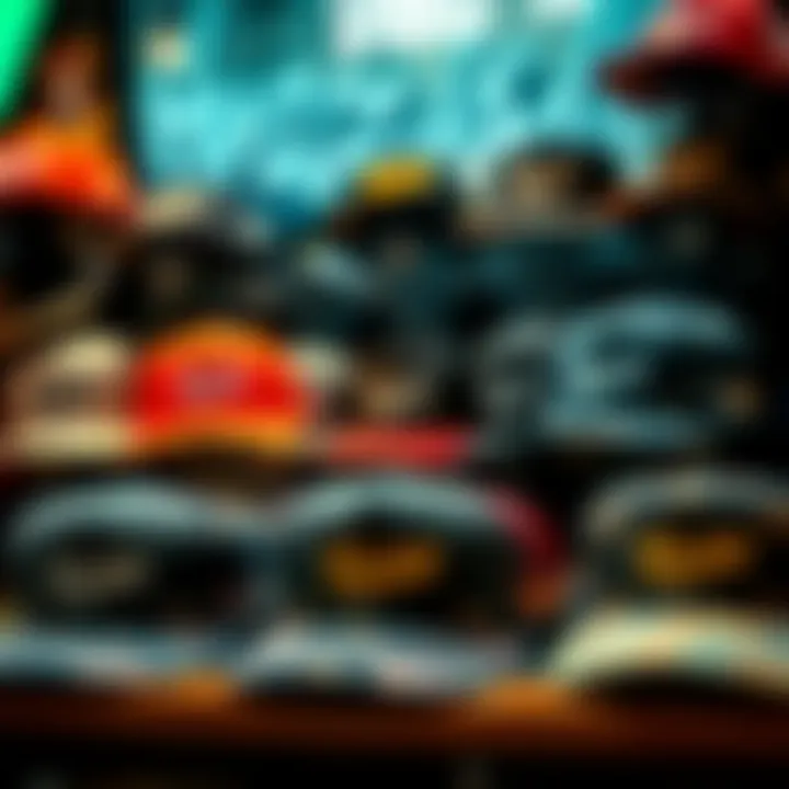 An assortment of Von Dutch hats displayed in a trendy shop setting
