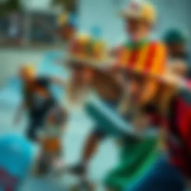 A vibrant skate park scene featuring skaters wearing Von Dutch hats