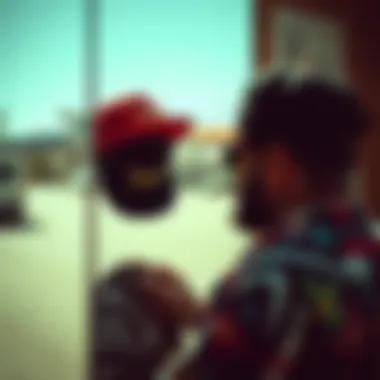 A stylish skater contemplating a Von Dutch hat selection in a mirror