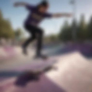 A skater performing a trick wearing black and purple Vans on a vibrant skate park ramp