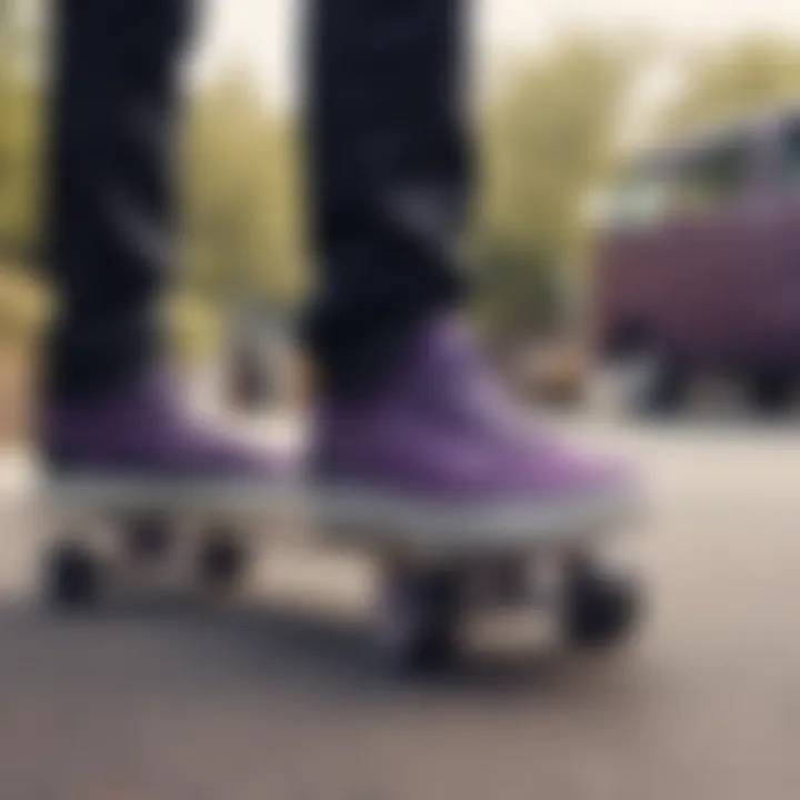 A vintage photograph depicting skateboarders from the past, some wearing iconic black and purple Vans