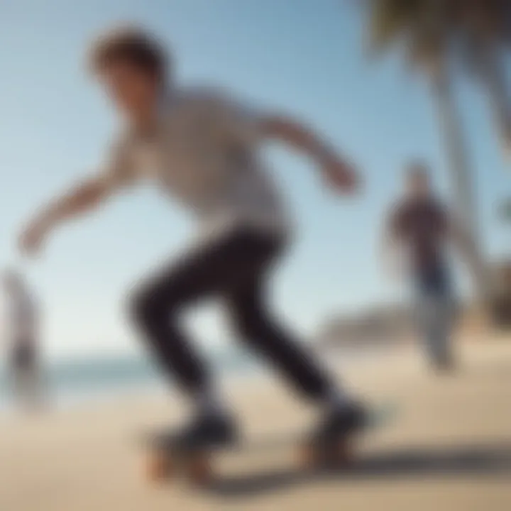 Group of skateboarders enjoying a day at the beach wearing stylish button-downs