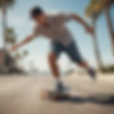 Skateboarder in Action with Button-Down Skateboarder wearing a beach short sleeve button-down while performing a trick