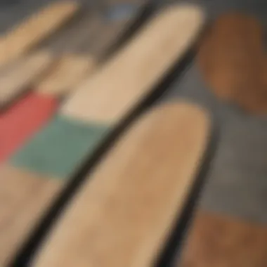 Comparison of Deck Materials Comparison of materials used in blank skateboard decks, illustrating different wood types
