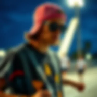 A fashionable skateboarder wearing a graphic tee