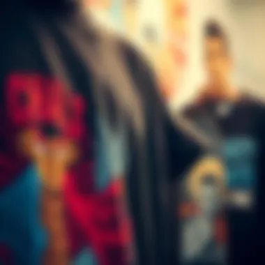 Close-up of unique graphic designs on t-shirts