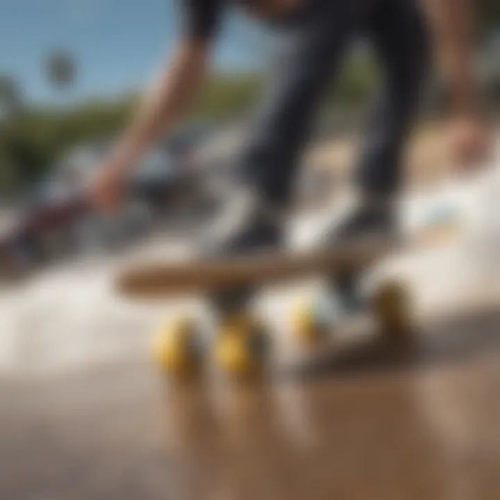 Close-up of surf skateboard wheels and trucks, emphasizing performance and construction.