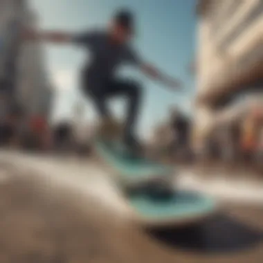 A diverse group of riders maneuvering surf skateboards in an urban setting, illustrating versatility.