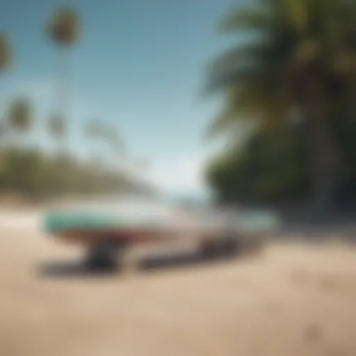 A vibrant surf skateboard on a beach backdrop, showcasing its unique design and features.