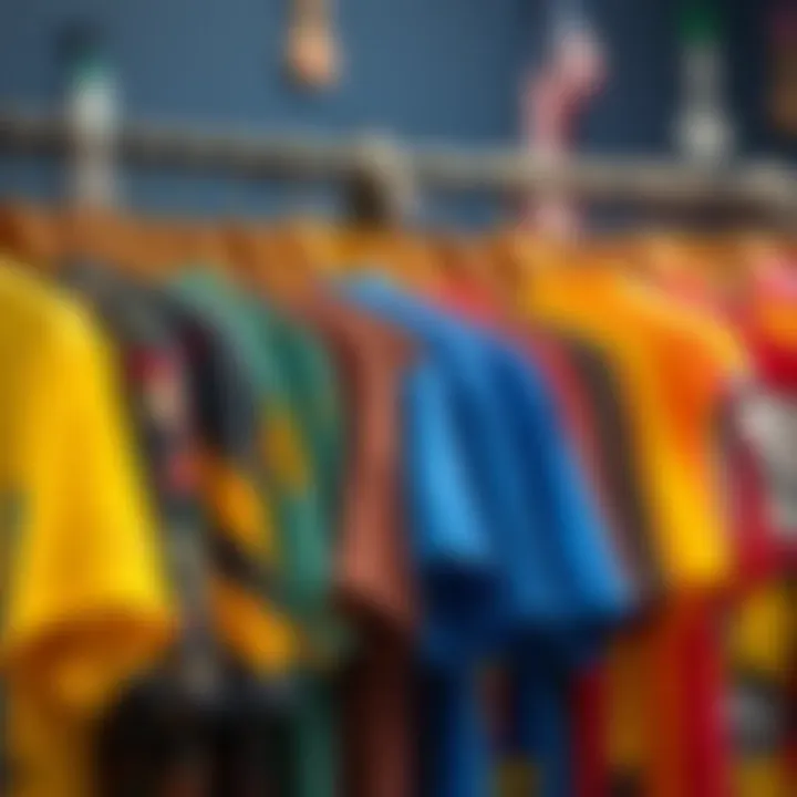 A colorful array of graphic tees hanging on a rack