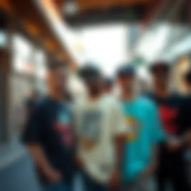 Stylish individuals wearing graphic tees in an urban setting