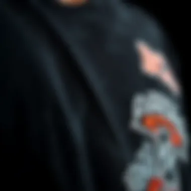 Close-up of fabric texture and design elements of a black beach shirt