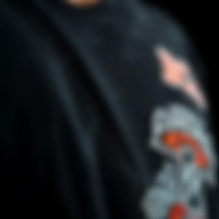 Close-up of fabric texture and design elements of a black beach shirt