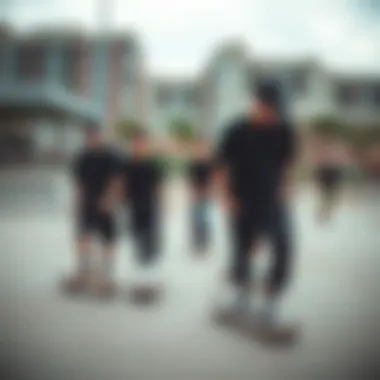 A group of skaters wearing black beach shirts in an urban skatepark