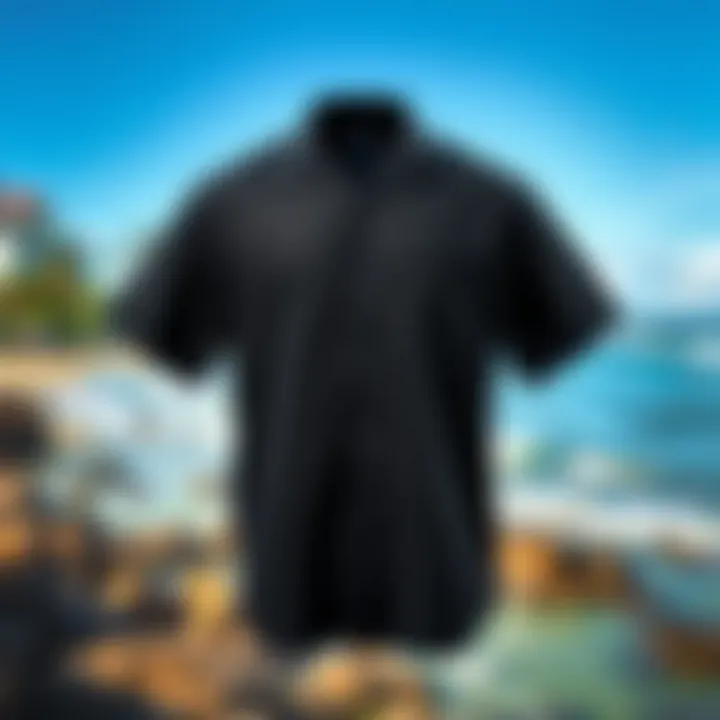 Stylish black beach shirt displayed against a vibrant coastal background