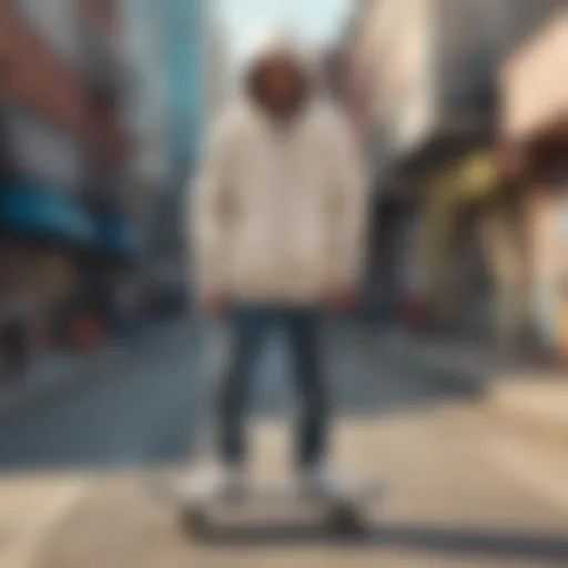 Stylish skateboarder wearing a cream zip hoodie in an urban setting