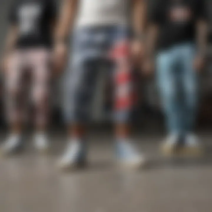 A collection of graphic pants showcasing diverse styles and materials