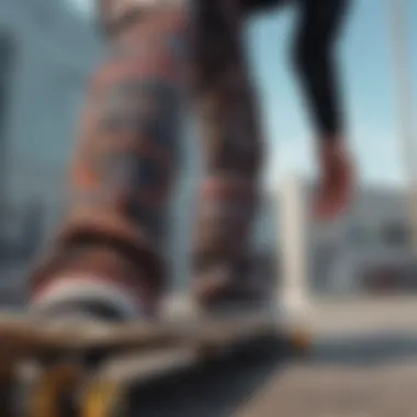 Close-up of intricate designs on graphic pants