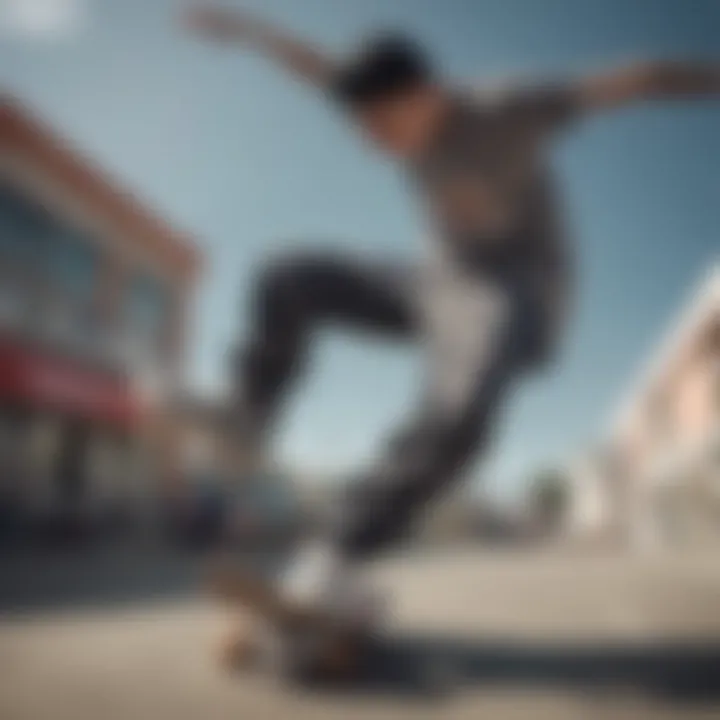 A skateboarder performing tricks while wearing graphic pants