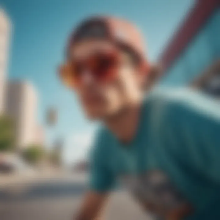 A vibrant skateboarding scene highlighting large Wayfarer sunglasses in action