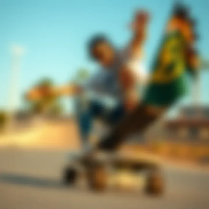 Skateboarder executing a complex trick on a flip board.