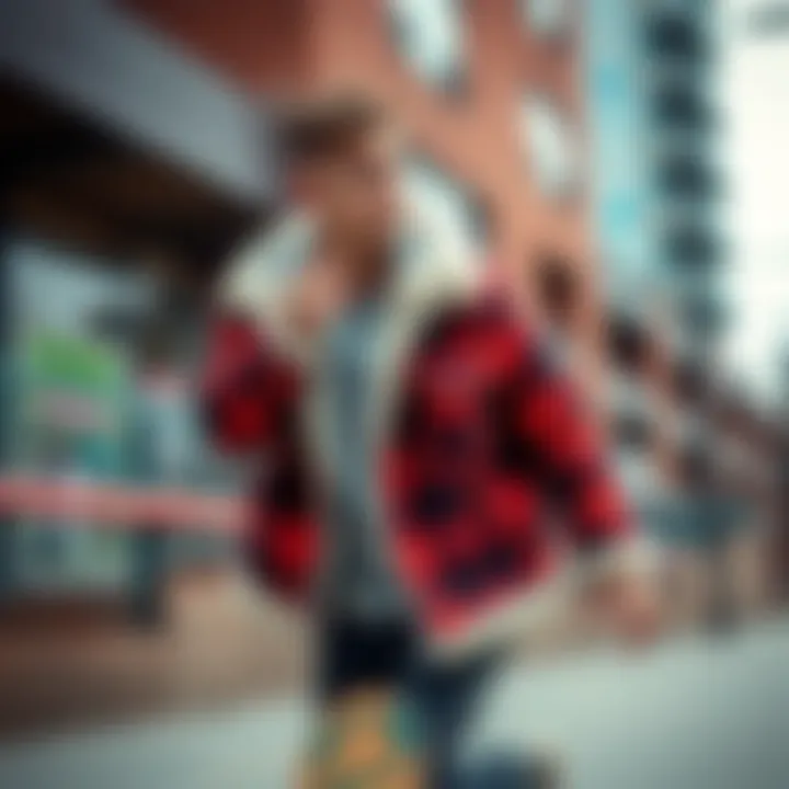 A model wearing a fluffy flannel jacket in an urban skateboarding environment