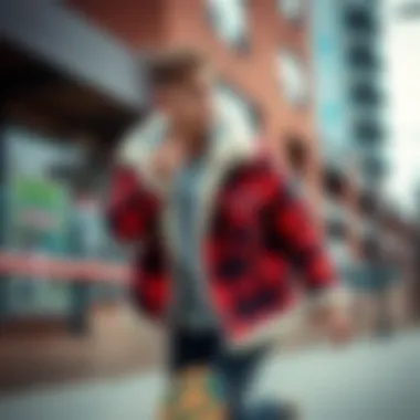 Fluffy Flannel in Action A model wearing a fluffy flannel jacket in an urban skateboarding environment